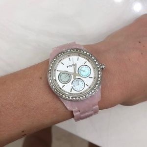 Rhinestone Fossil Watch Pink Ceramic 